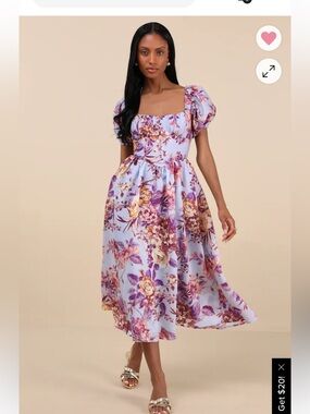 Lulu's Lilac Floral Puff-Sleeve Midi Dress